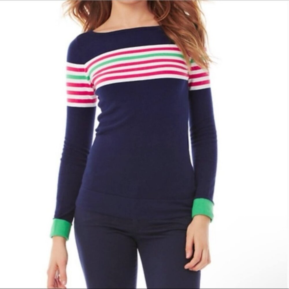 Lilly Pulitzer Maria Navy Preppy Striped Boatneck Sweater Navy Crewneck Sweater